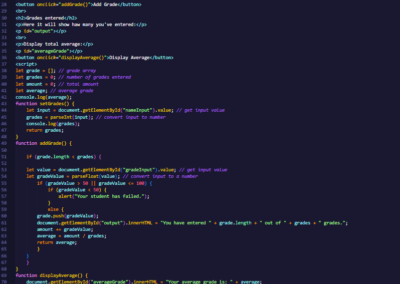 lines of html, and JavaScript code showing a several functions